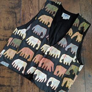 Vintage Elephant Print Embroidered Blue Boho Vest